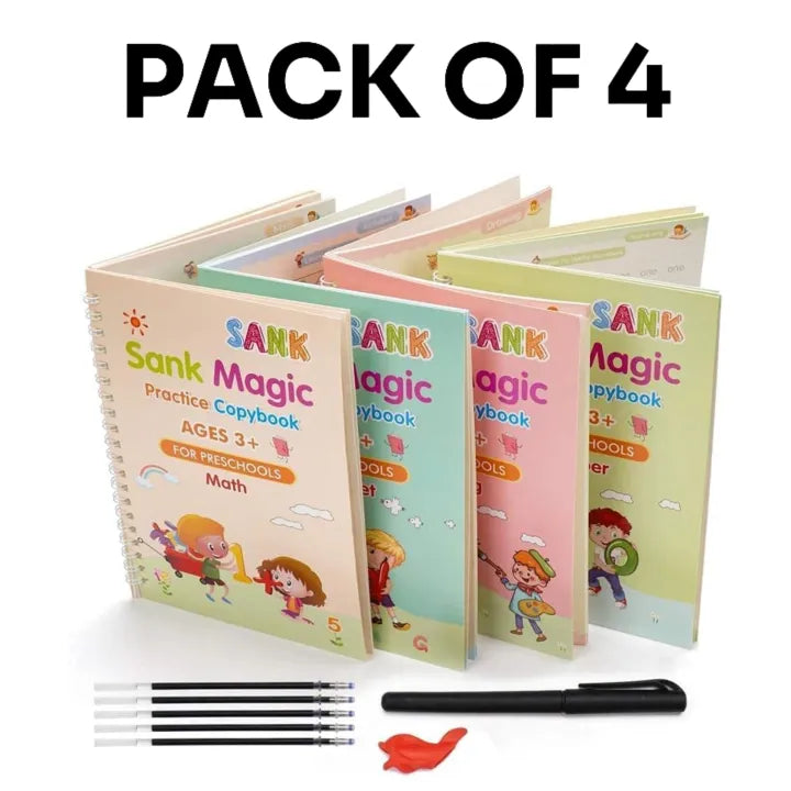 Sank Magic Practice Book Set 4 Books with Pen & 10 Refills Kids Handwriting Learning Kit