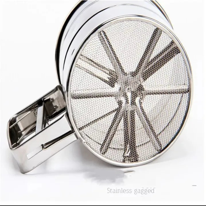 Flour Sifter (آٹا چھاننے کی چھلنی)Stainless Steel – Double Layer Fine Mesh Baking Sifter with One-Hand Press Crank for Cakes & Pastries