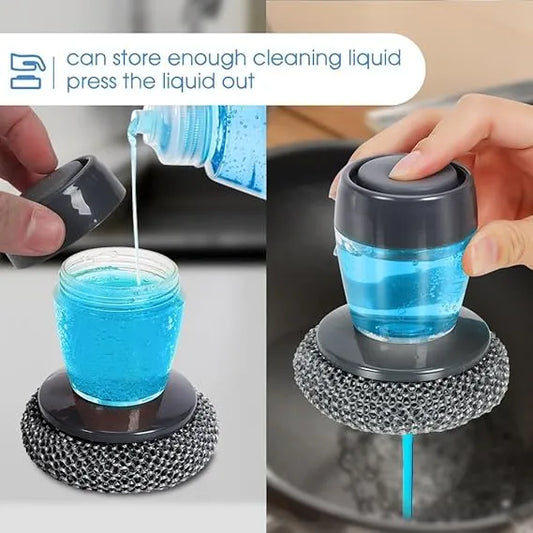 Soap Dispensing Kitchen Scrubber Brush with Steel Wire Ball