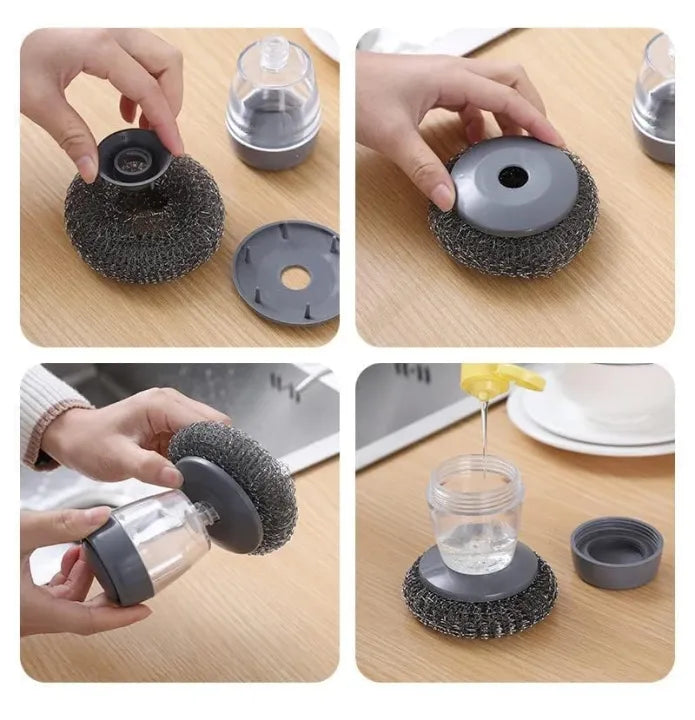 Soap Dispensing Kitchen Scrubber Brush with Steel Wire Ball