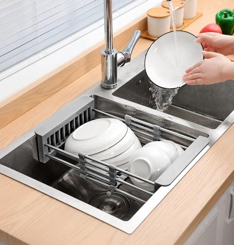 Stainless Steel Retractable Sink Dish Rack for Kitchen Random Colour