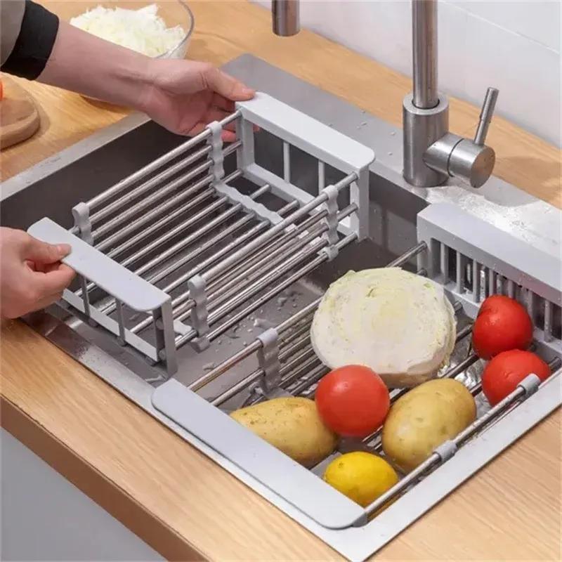 Stainless Steel Retractable Sink Dish Rack for Kitchen Random Colour