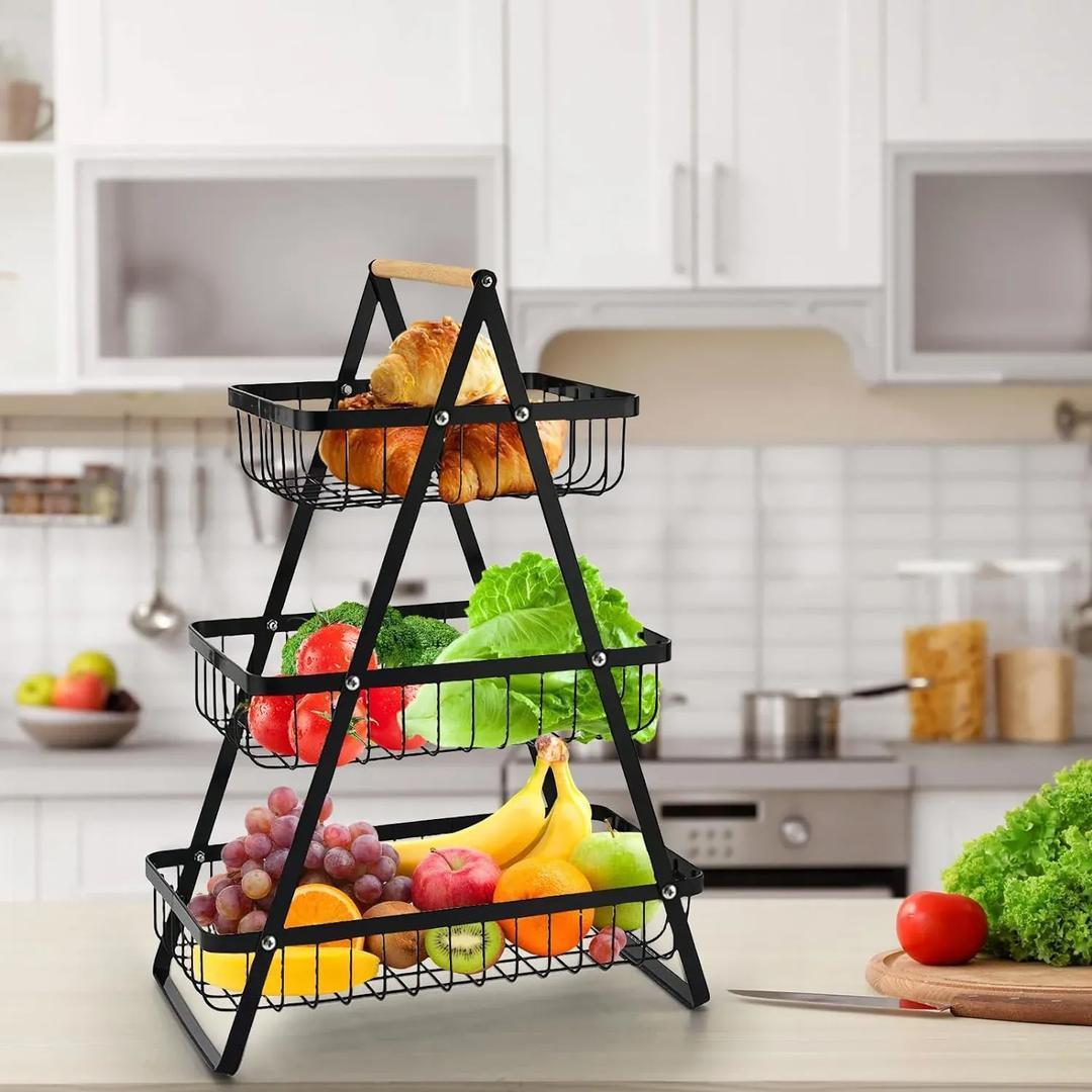 Fresh Fruit & Snack Storage Basket Black Metal 3-Tier Kitchen Organize