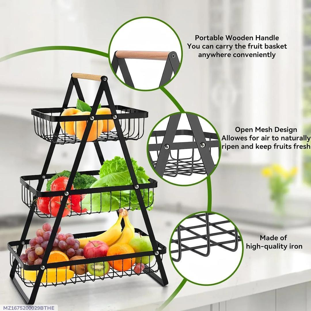 Fresh Fruit & Snack Storage Basket Black Metal 3-Tier Kitchen Organize