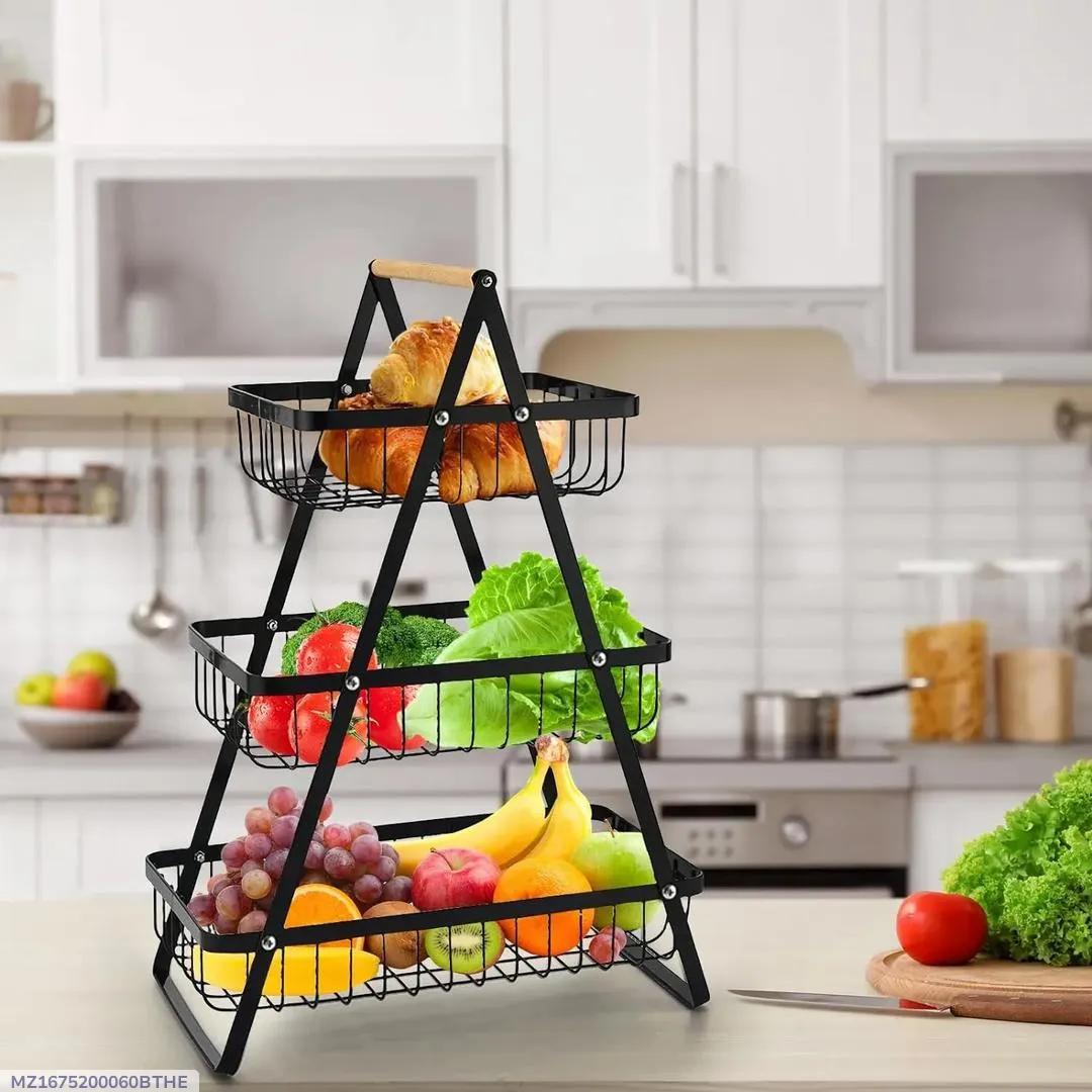 Fresh Fruit & Snack Storage Basket Black Metal 3-Tier Kitchen Organize