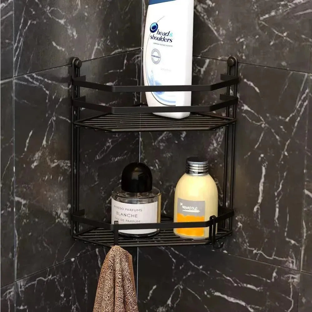 Black Two-Tier Bathroom Corner Shelf Stainless Steel
